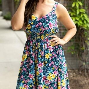 Cassidy Midi Dress - Navy and Yellow Floral